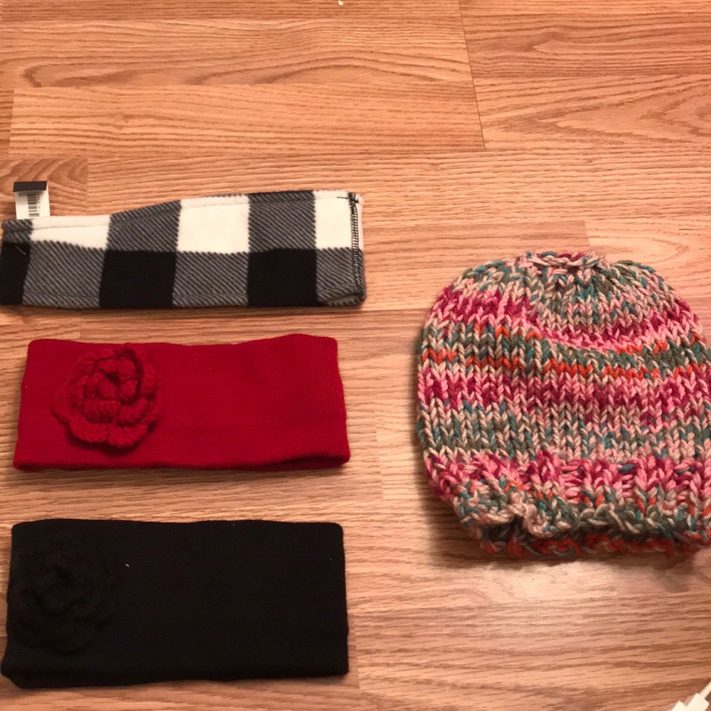 3 headwarmers, 1 handknitted hat
